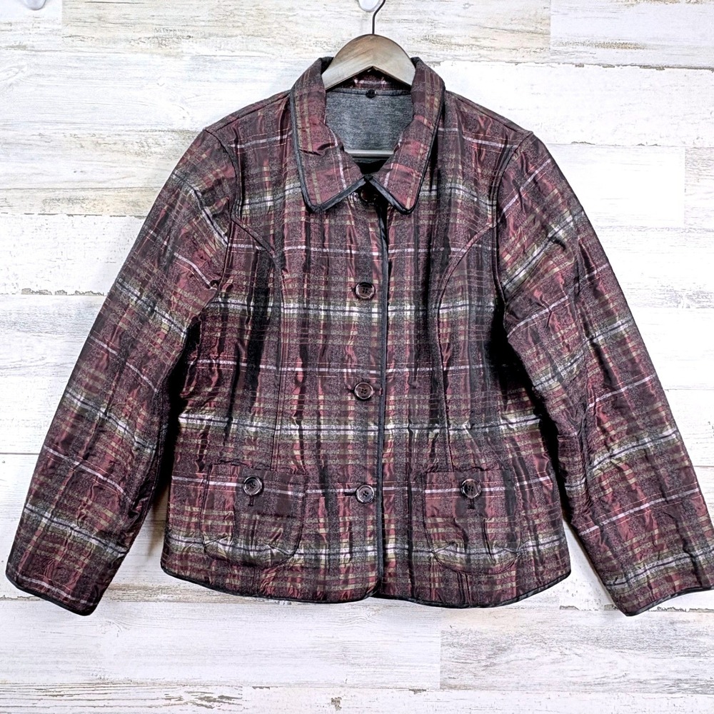Chico's Rhonda Reversible Plaid Burgundy‎ Grey Button Up Blazer Jacket Womens 12